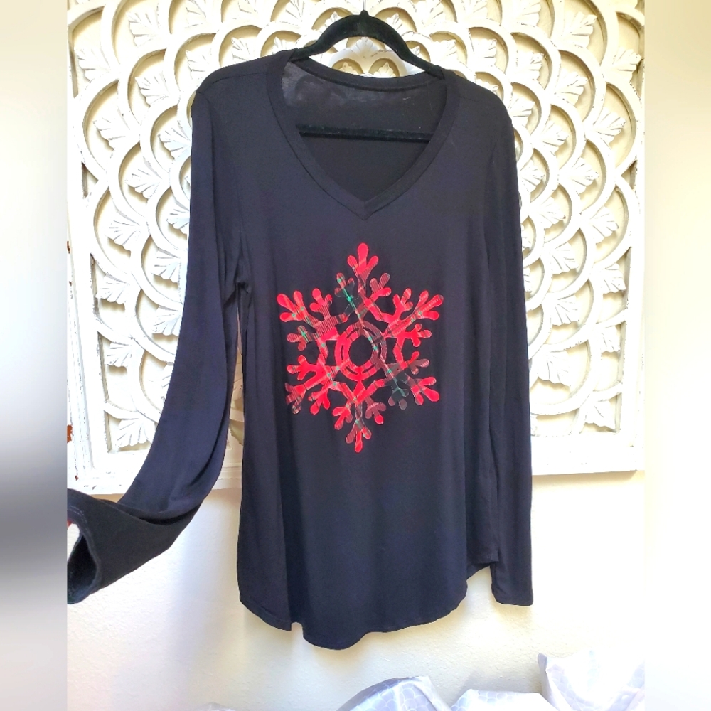 Winter Plaid Snowflake Long Sleeve T-shirt Black XL Super Soft